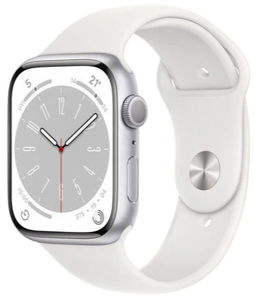 New - Apple Watch Series 8 (GPS) 45mm Silver Aluminum Case with White Sport Band - Size:M/L - (MP6Q3LL/A)