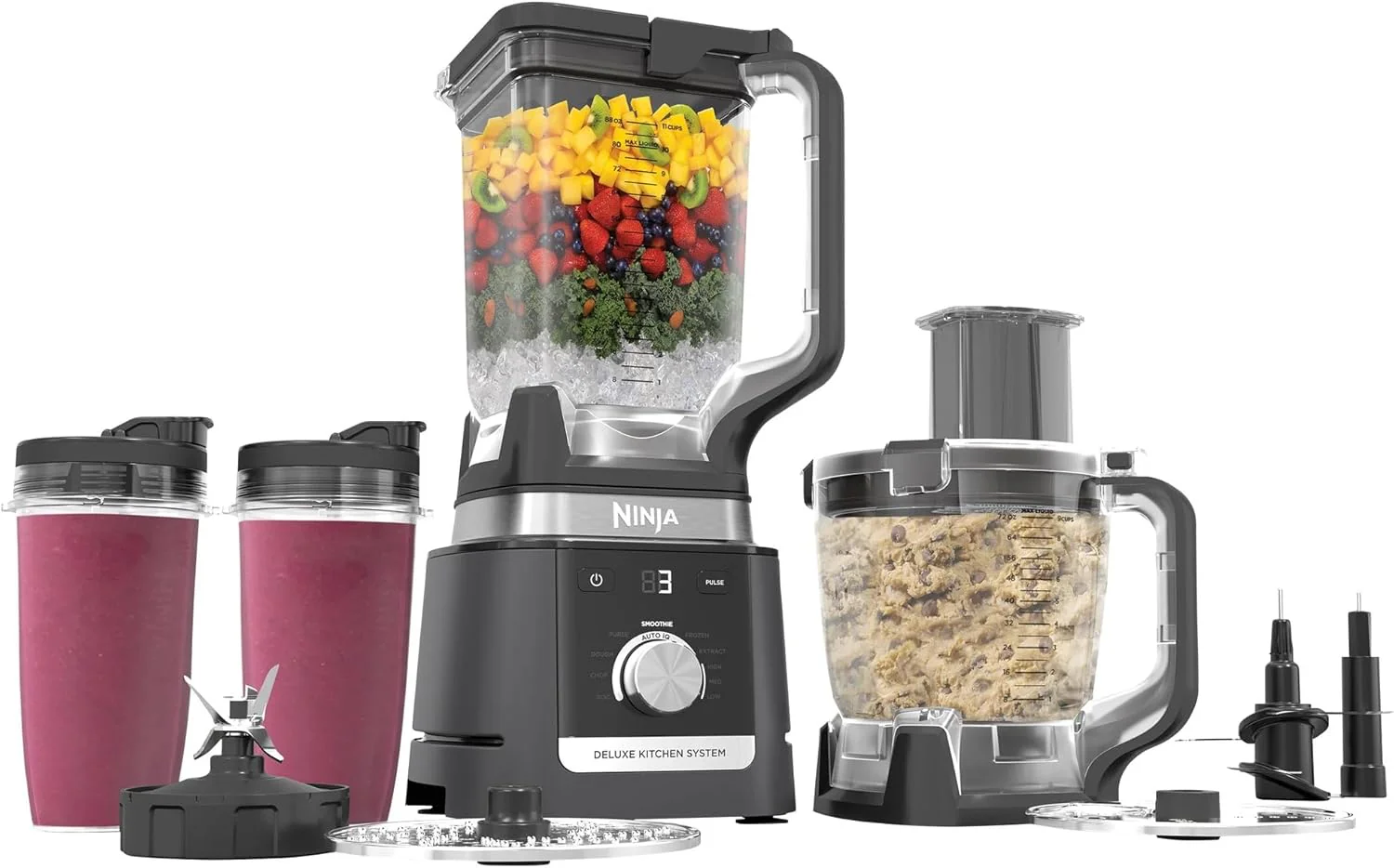 Ninja CO905KS Deluxe Kitchen System, 1600 WP Auto-IQ Base, 88-oz. Picther, 9-cup Deluxe Food Processor, (2) 24-oz. Single-Serve Cups Scratch and Dent