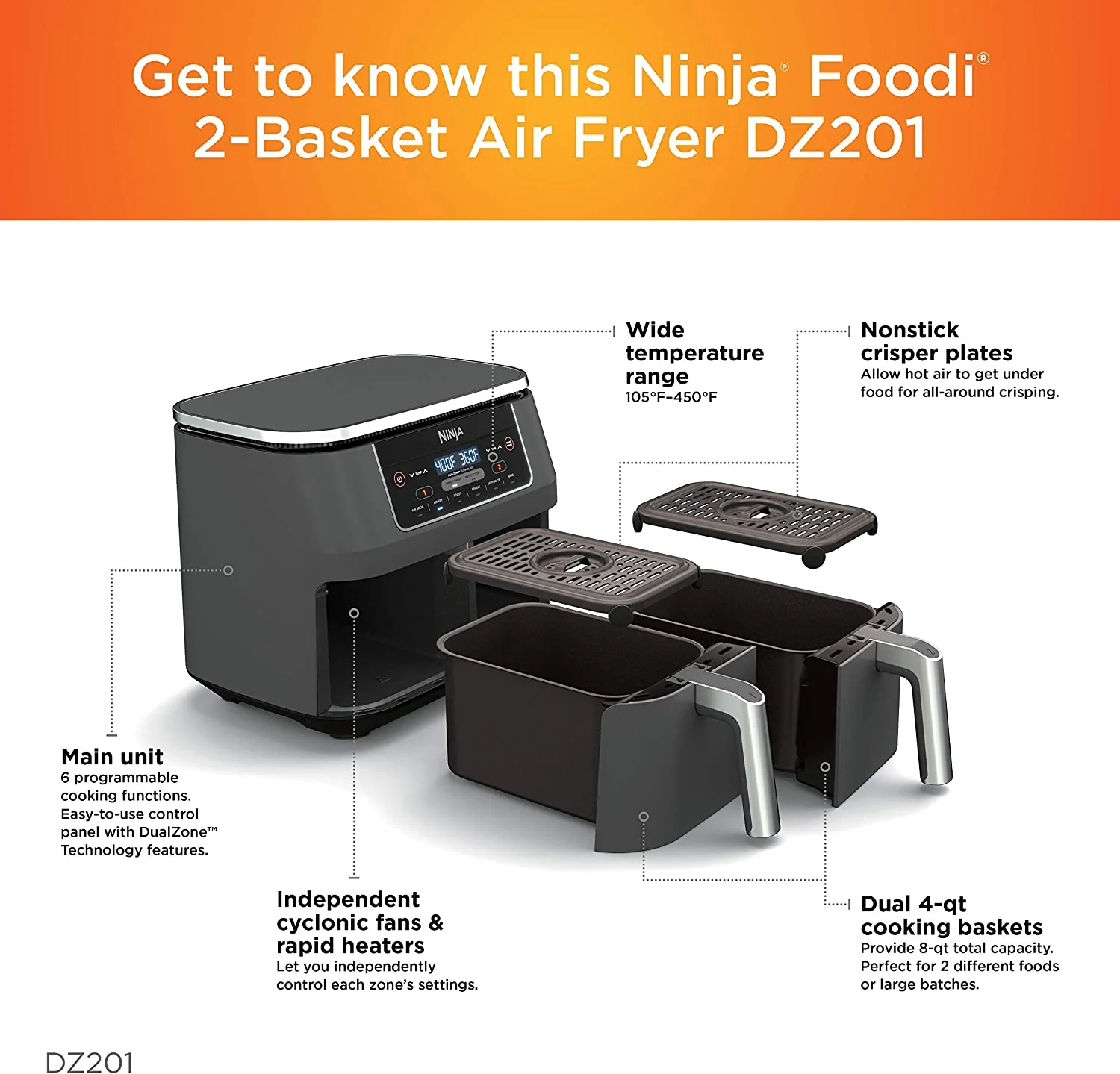 Ninja DZ201 Foodi 8 Quart 6-in-1 DualZone 2-Basket Air Fryer with 2 Independent Frying Baskets, Match Cook & Smart Finish to Roast, Broil, Dehydrate & More for Quick, Easy Meals (DZ201) - Image 11
